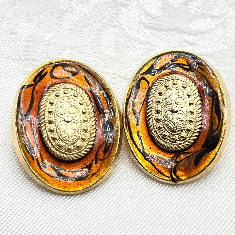 Vintage Gold Tone 80s 90s Animal Zebra Print Enamel Oval Chunky Clip-On Earrings